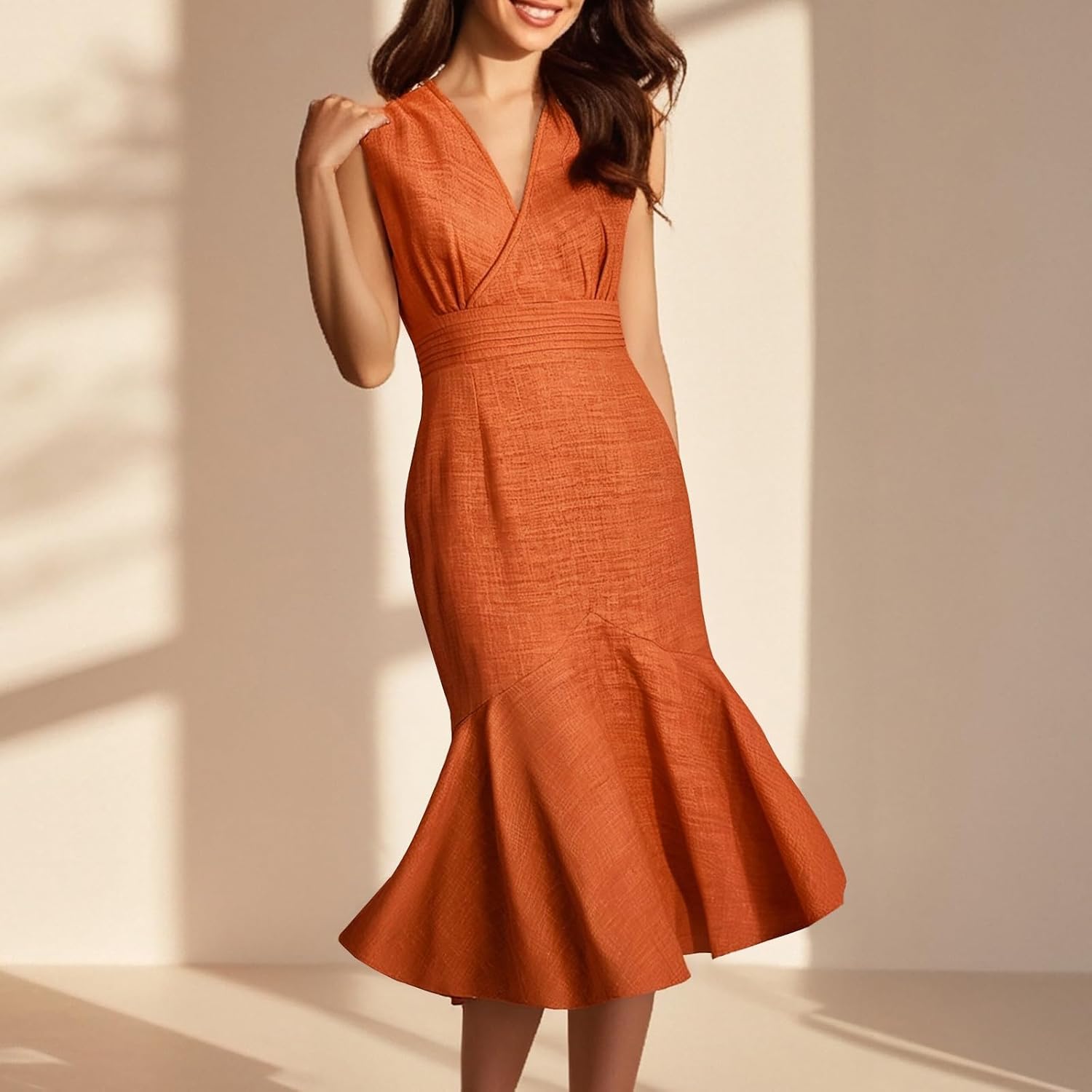 HGps8w Women's Summer Mermaid Tank Dresses Elegant Ruched Wrap V Neck Sleeveless Swing Casual Midi Dress