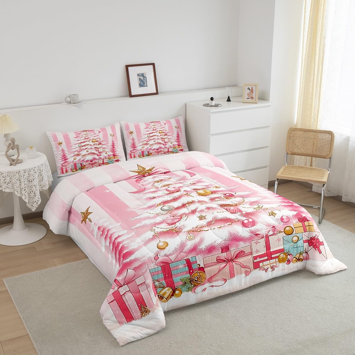 Feelyou Pink Christmas Tree Comforter Set Queen Size, 3 Pieces Comforter and 2 Pillow Cases Microfiber Bedding for All Season