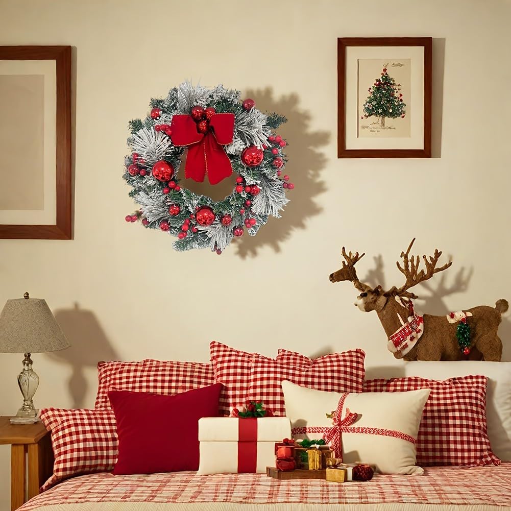 Corona de Navidad artificial de 16 pulgadas, guirnalda colgante resistente al fuego con 20 luces LED alimentadas por batería para decoración de puerta y pared (rojo blanco)