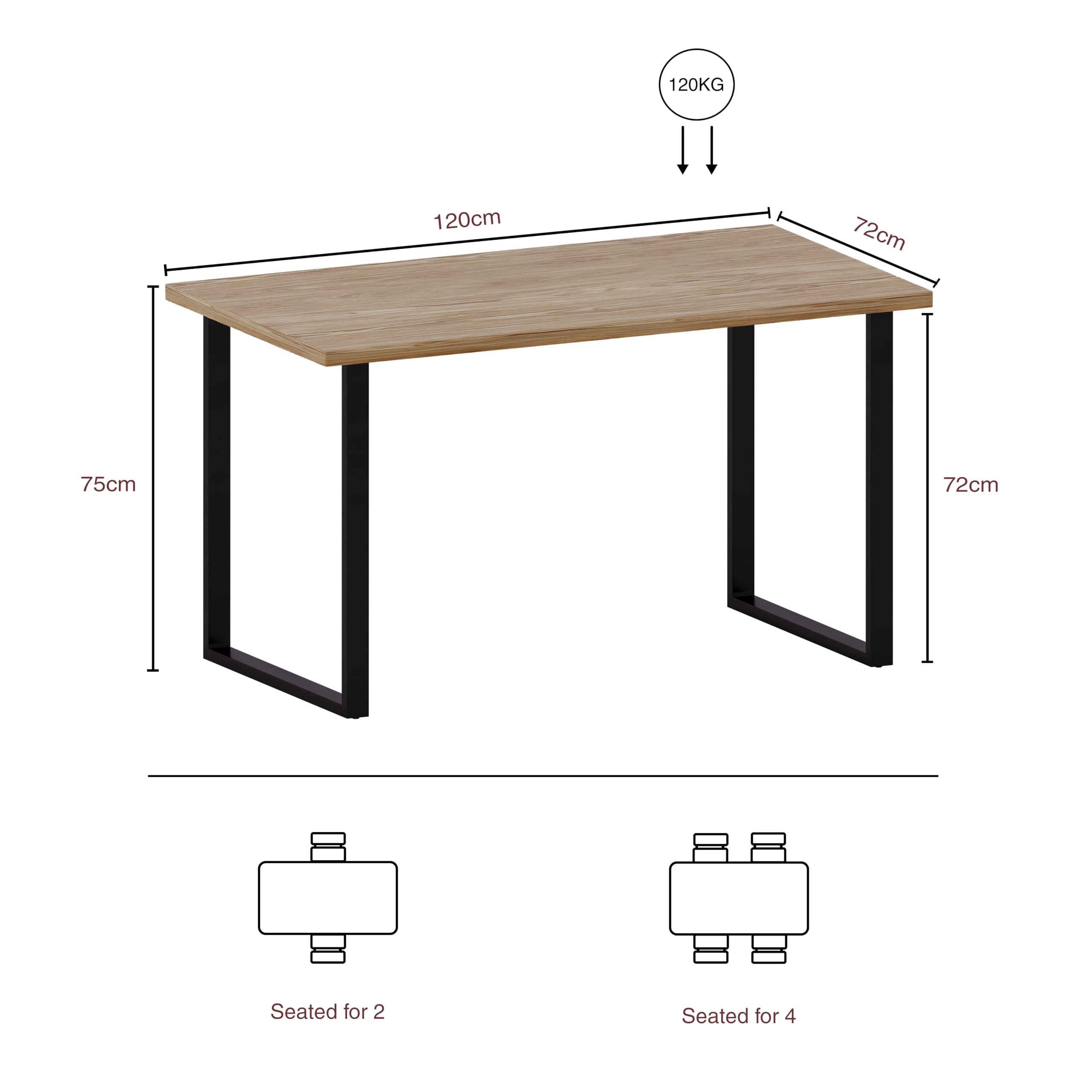 Vida Designs Table de Salle à Manger 4 Places avec Pieds en métal Noir en Forme de U, Meuble Moderne de Cuisine, Salle à Manger (chêne)
