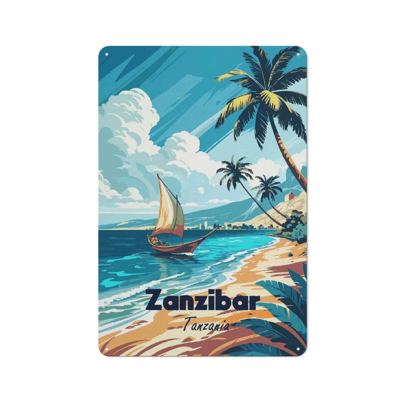 Junmoney Style-14 Zanzibar, Tanzania Tropical Beach Scene Farmhouse Metal Sign 30X20cm, Rustic Country Wall Plaque For Farmhouse Kitchen, Pantry Or Dining Area