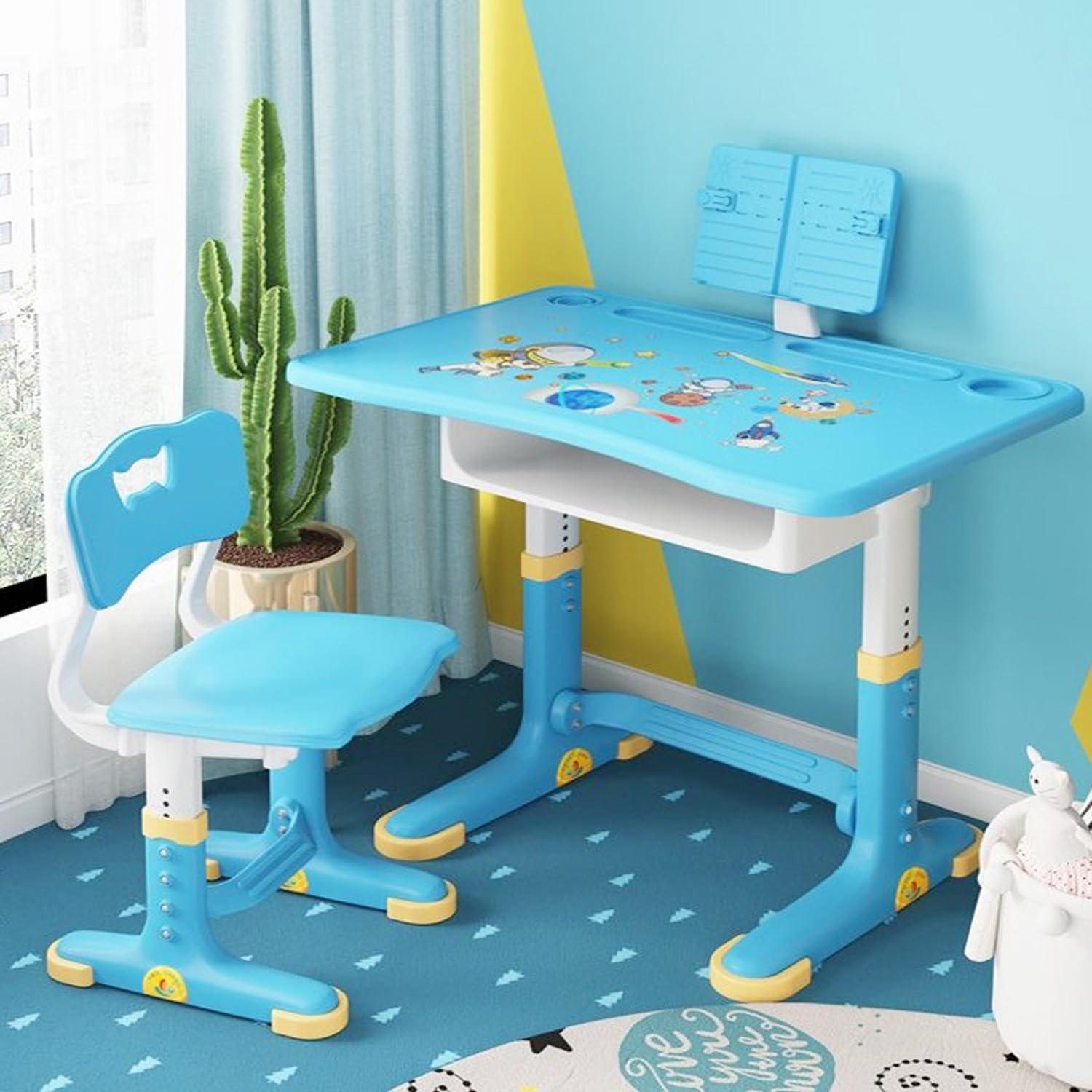 Kutis Modern Ergonomic Design Kids Functional Desk and Chair Set, Height Adjustable Children School Study Table with, Book and LED Lamp Holder Storage for Boys Girls 70x45.5x70 & 34x37x72 cm. (Blue)