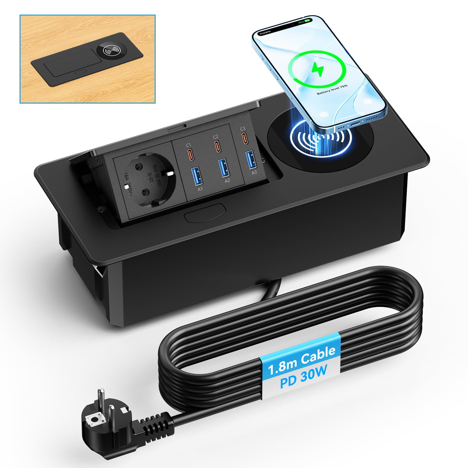 Alpheus Prise Encastrable Plan de Travail, Charge sans Fil 15W, USB-C1 30W