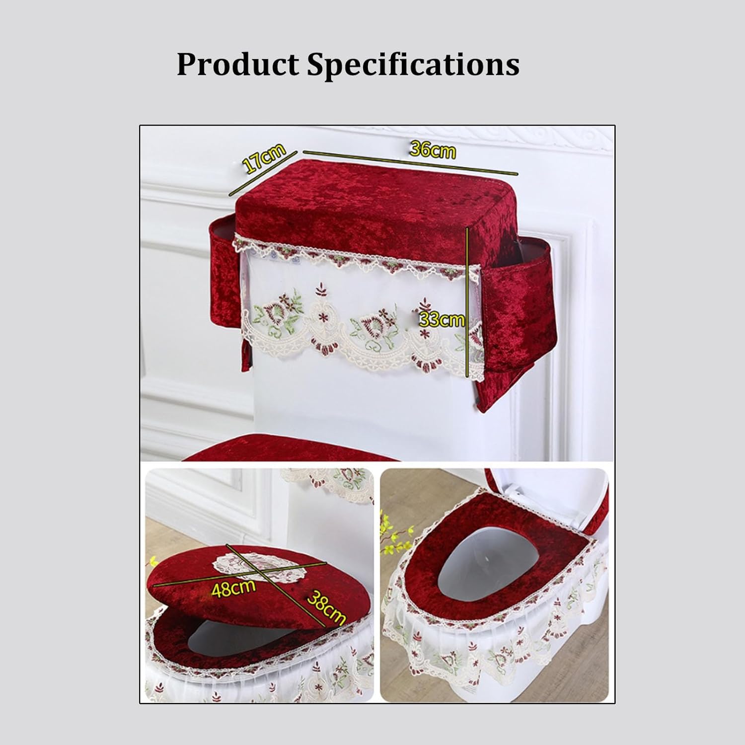 Velvet Embroidery Toilet Seat Cover,Toilet Seat Cover/Lid Cover/Tank Cover Set,Elastic Band Toilet Seat Cushion,Machine Washable,for Standard Toilets(Blue)