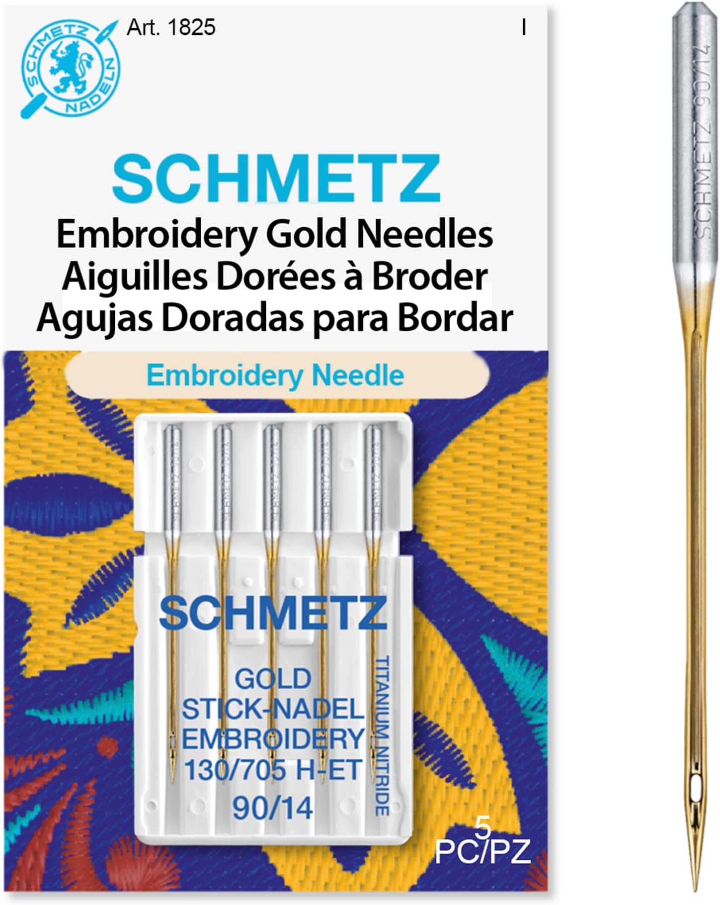 SCHMETZ Gold Embroidery Sewing Machine Needles - Titanium Coated for Smooth Stitching, Size 90/14, 5-Needle Cards, Pack of 1