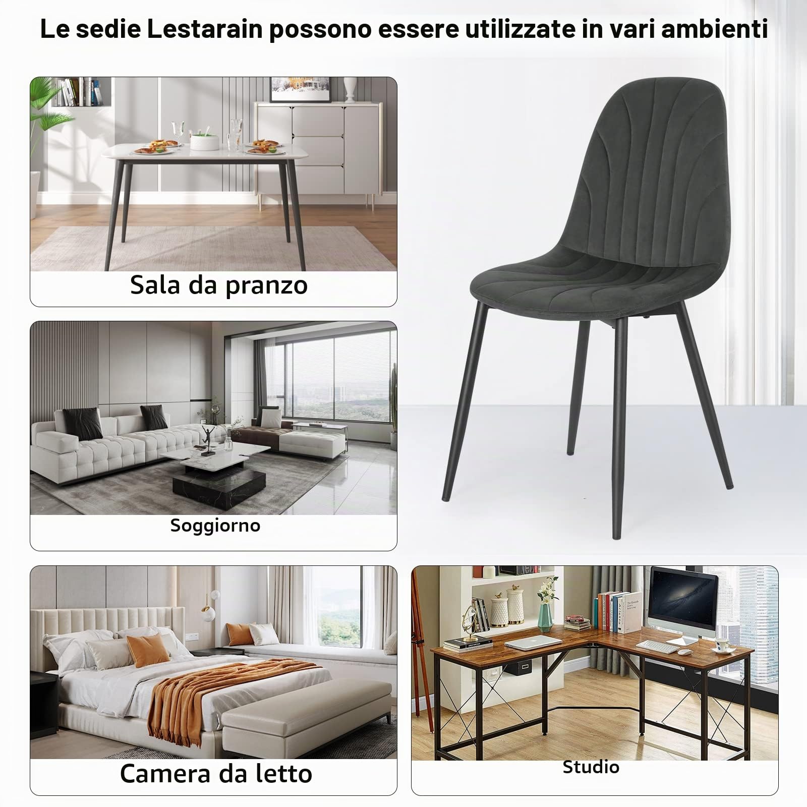 Lestarain Set di 2 Sedie per Sala da Pranzo in Velluto, Sedie da Cucina con Schienale Ergonomico, Seduta Imbottita, Gambe in Metallo, per Camera da Letto, Salotto, Grigio Scuro, LCNI114001-2