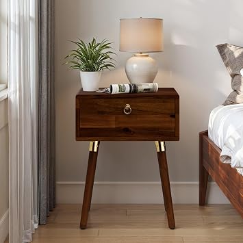 Bme Alden Solid Wood Nightstand/Side Table/End Table, Fully Assembled, with 1-Drawer for Mid Century Bedroom and Living Room, 12mm, Dark Chocolate