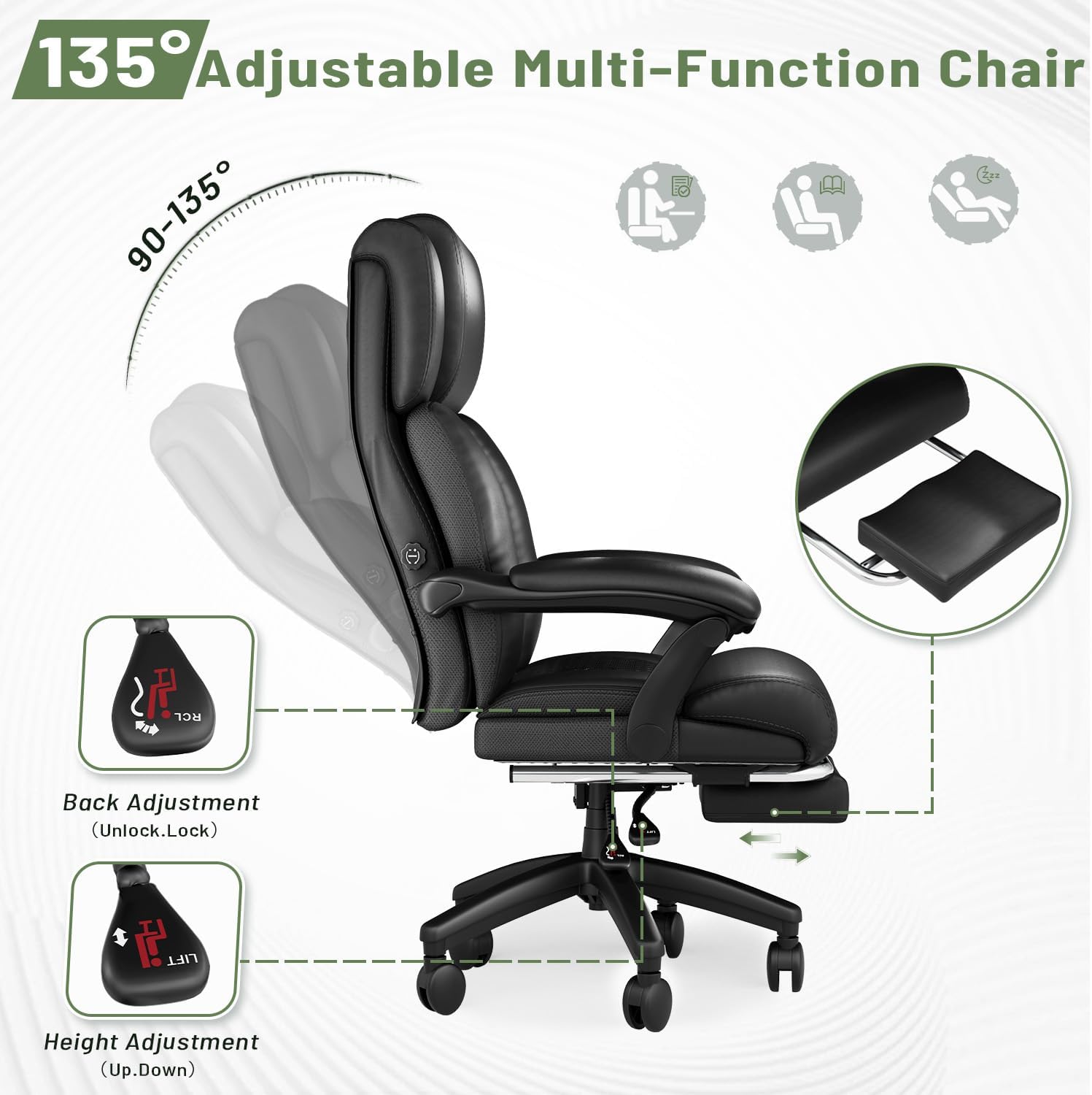 HOMREST 500lbs Big and Tall Office Chair, Ergonomic Heavy Duty Chair with Adjustable Lumbar Support & Backrest, Executive Leather Office Chair with Wide Armrests and Wheels (Black)