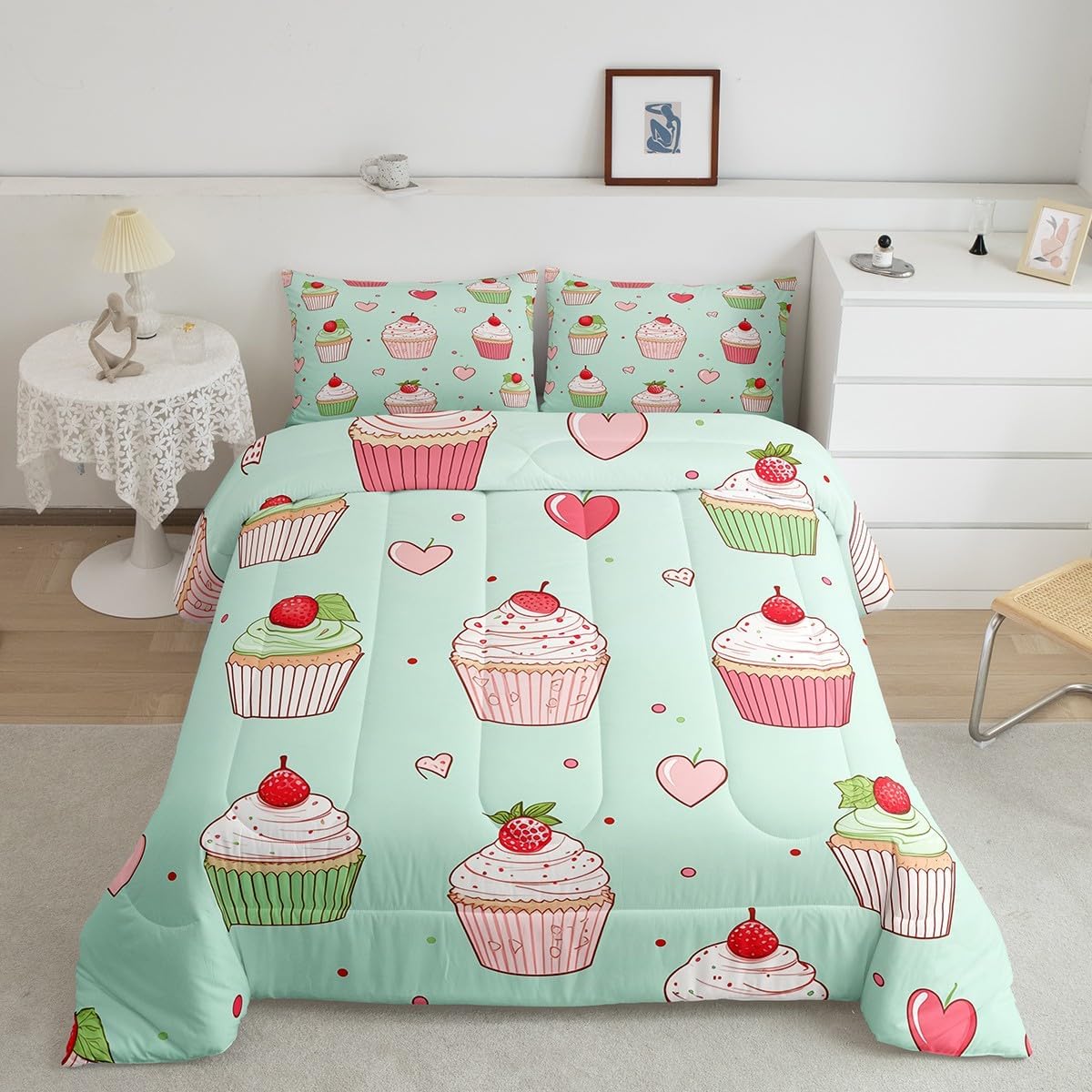 Feelyou Cake Comforter Set Cartoon Cake Bedding Set for Kids Boys Girls Teens Toddler Green Pink Duvet Set Twin Size Yunmy Food Quilt Set 2Pcs