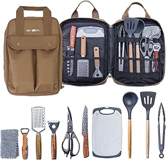 Sadodo Camping Cooking Utensils Accessories Set,11PCS Camping Kitchen Utensils Organizer,Silicone Stainless Steel,Multifunctional Cutlery,Spoon Spatula,With Storage Bag