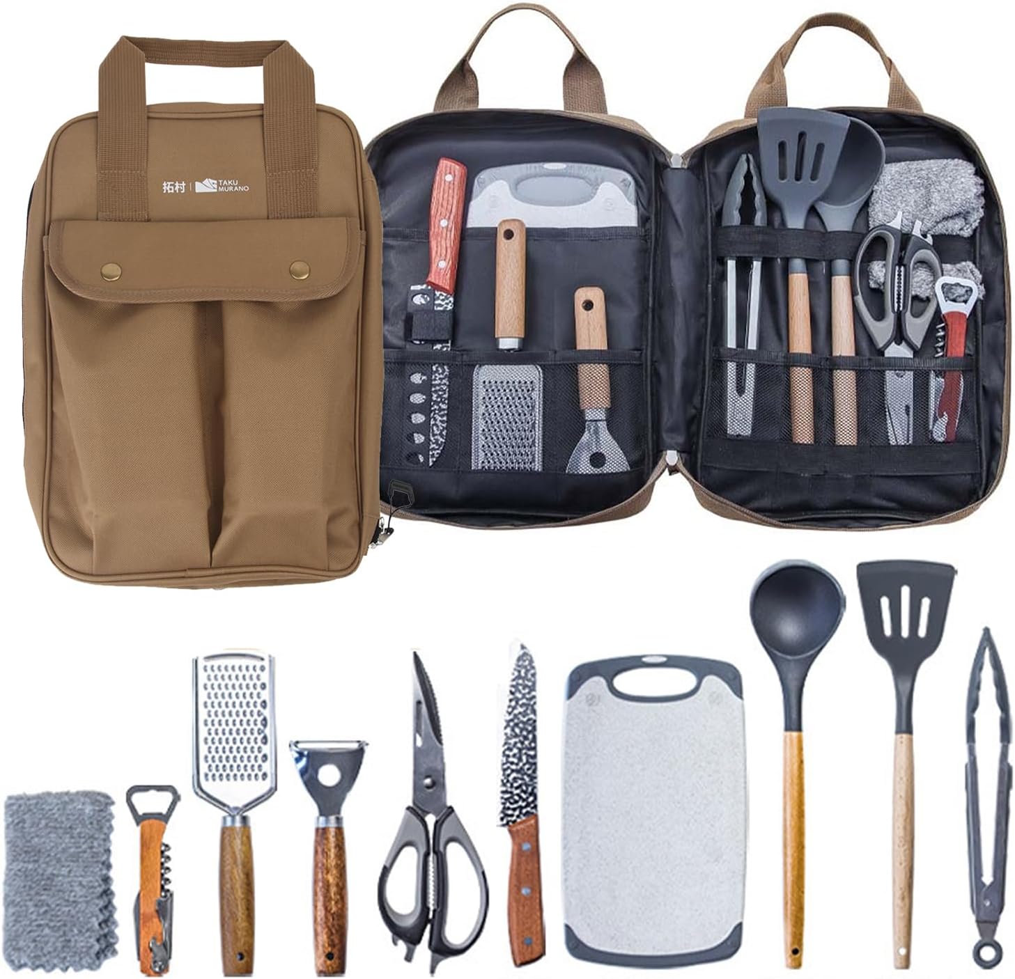 Sadodo Camping Cooking Utensils Accessories Set,11PCS Camping Kitchen Utensils Organizer,Silicone Stainless Steel,Multifunctional Cutlery,Spoon Spatula,With Storage Bag