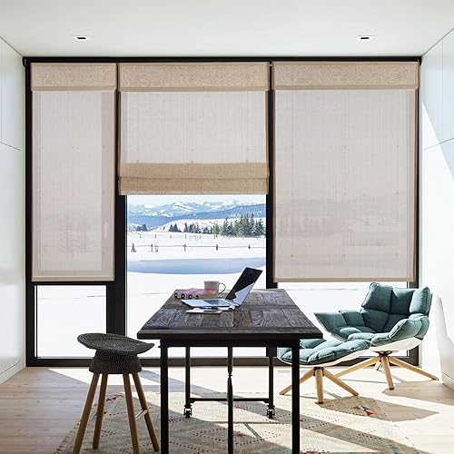 Vista 51 de Yin Yang Persianas romanas de bambú opacas sin cables, elegantes persianas romanas de madera tejida natural con salvia, persianas romanas de bambú