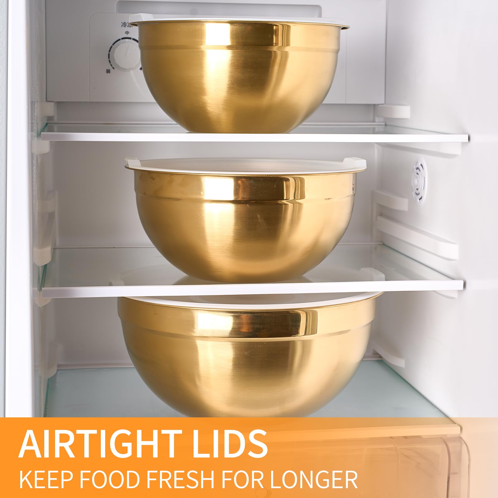Gold Rührschüsseln mit luftdichten Deckeln, Edelstahl Nesting Mixing Bowls Set von 5 Stück, ideal zum Backen, Zubereiten und Servieren von Lebensmitteln, Größe 5,5, 3,6, 2,7, 2,1, 1,5, QT