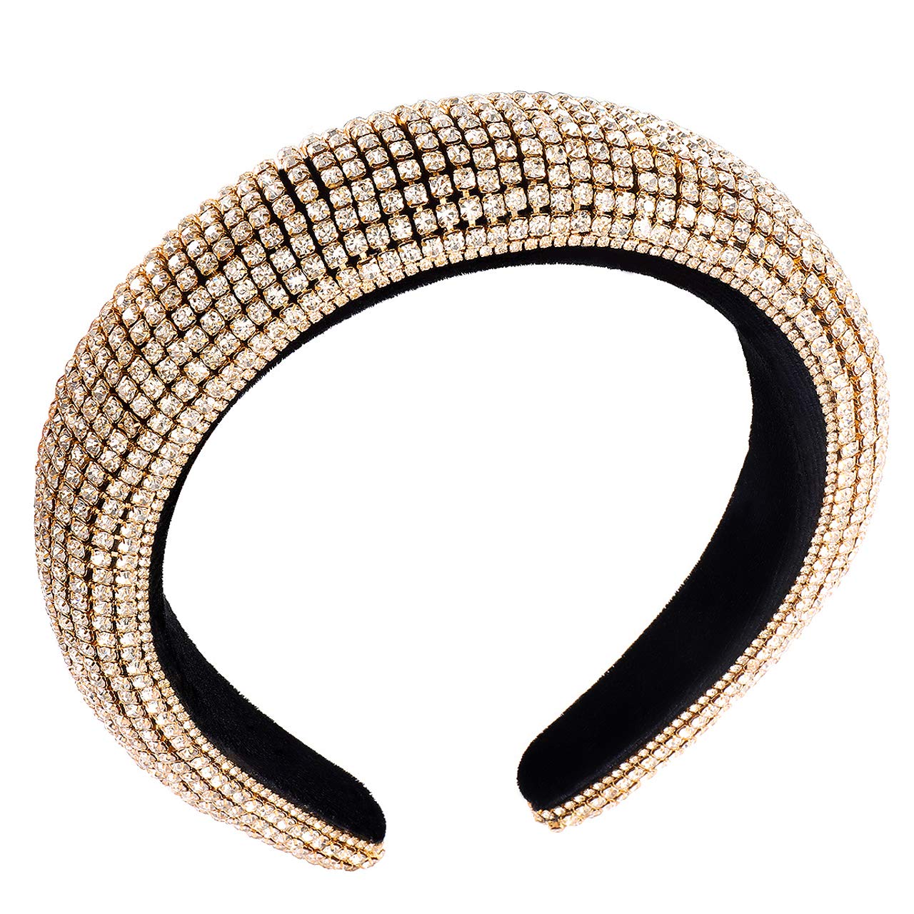 Rhinestone Velvet Padded Headband For Women Bejewelled Crystal Wide Hairband Statement Wedding Headpiece Hair Accessory (gold)