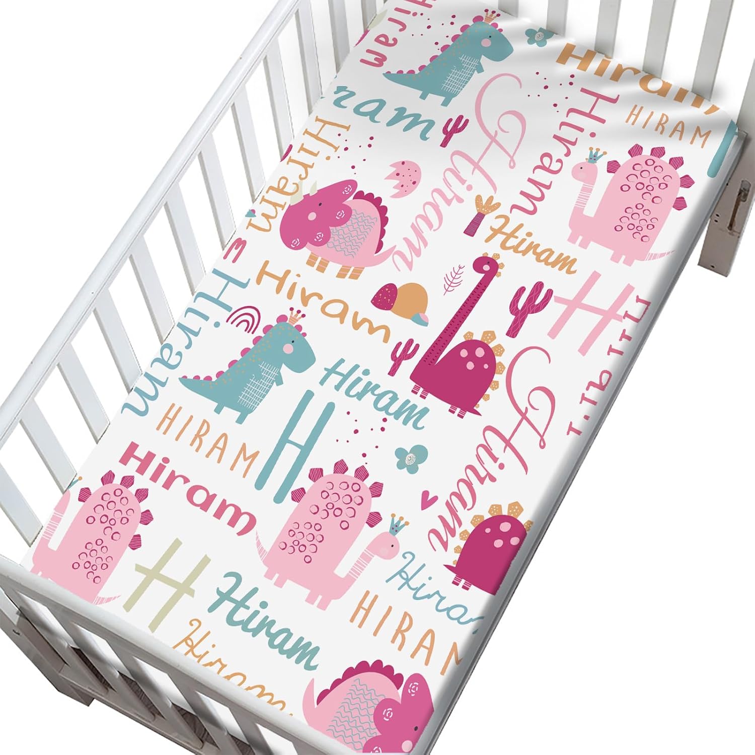 Personalized Baby Fitted Crib Sheets with Name, Customized Pink Dinosaur Crib Sheet for Girls Boys, Name Crib Sheets for Standard Crib and Toddler Mattress, Nursery Bedding Sheets, 28"x 52"x 9"