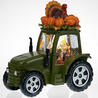 Thanksgiving Decoration Snow Globes, Turkeys Gnome Pumpkin Lighted Fall Decor, Swirling Glitter Snow Globes with Timer, Fall Harvest Day Autumn Green Tractor Thanksgiving Gifts