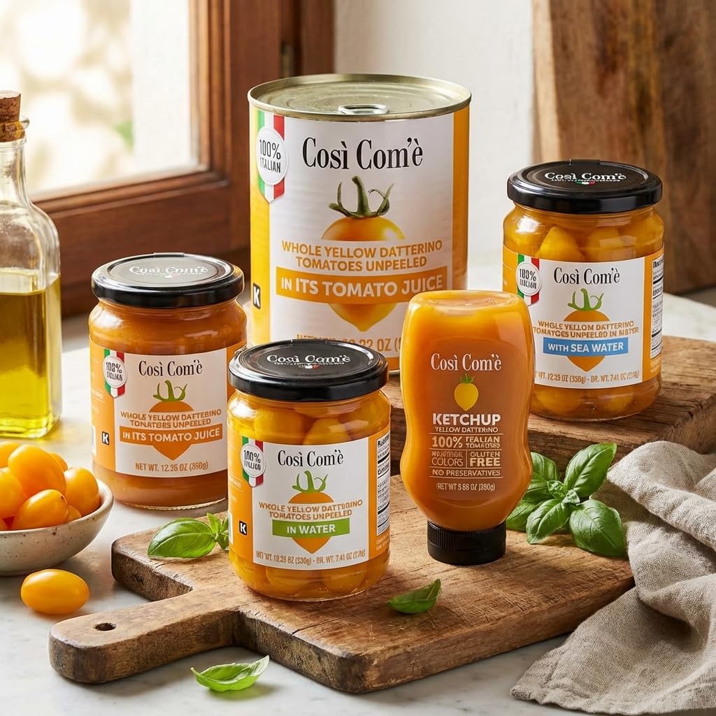 Yellow Cherry Tomatoes in Puree, Pomodorini, Daterini 28.22 oz (800g), 100% Italian, Cosi Come