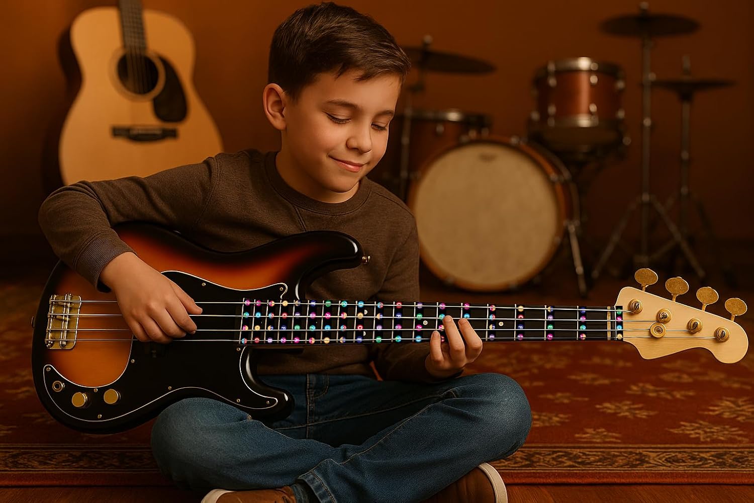 QMG Bass Fretboard Stickers, Color‑Coded Note Decals for 4‑String Bass with Sharp & Flat Notes, Covers 18 Frets, No‑Residue, Beginner Learning Tool for Visual Learners