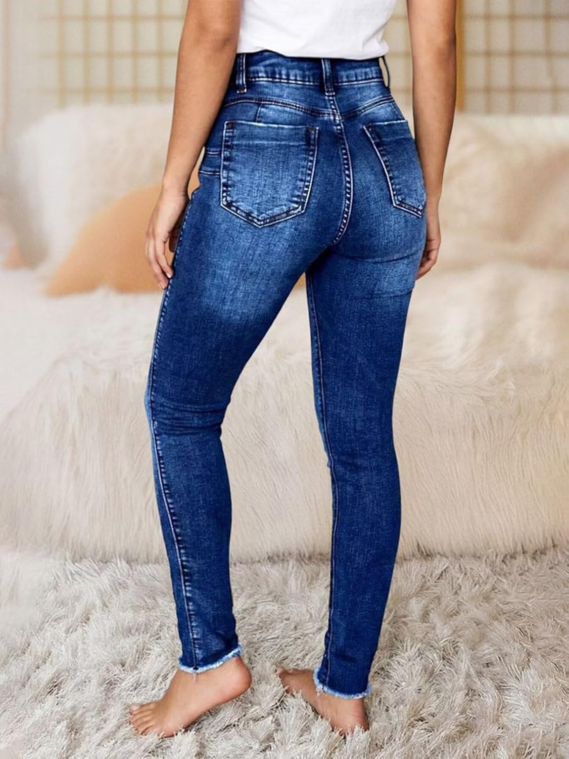 Flamingals Mid Waist Women's Skinny Jeans Butt Lifting Slim Fit Casual Wash Stretchy Skinny Leg Denim Pants with Pocket