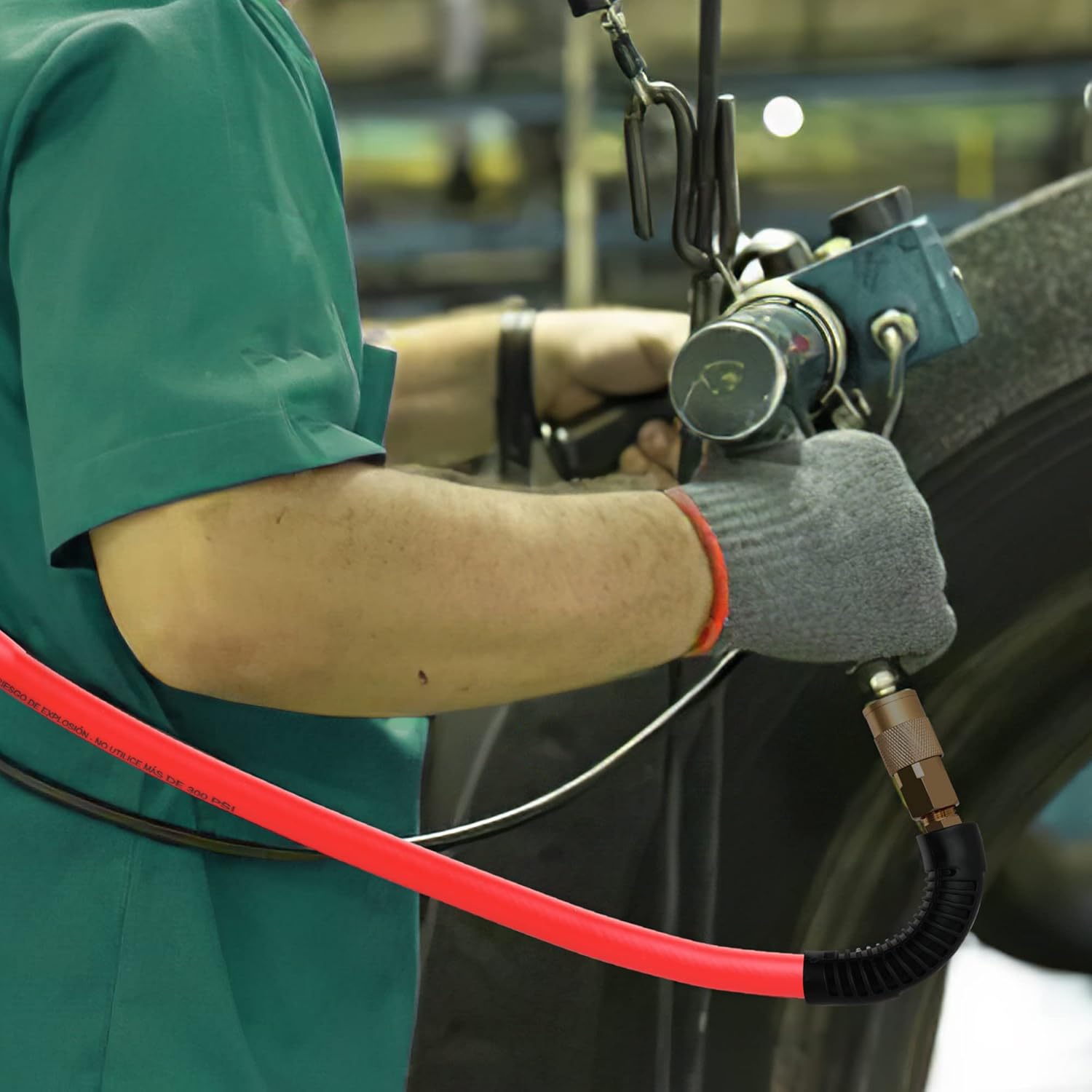 Hybrid Air Hose, 3/8-Inch by 100 Feet Air compressor Hose,Heavy Duty, Lightweight, Kink Resistant, All-Weather Flexibility with 1/4-Inch Brass Air Coupler and Plug, 300 PSI