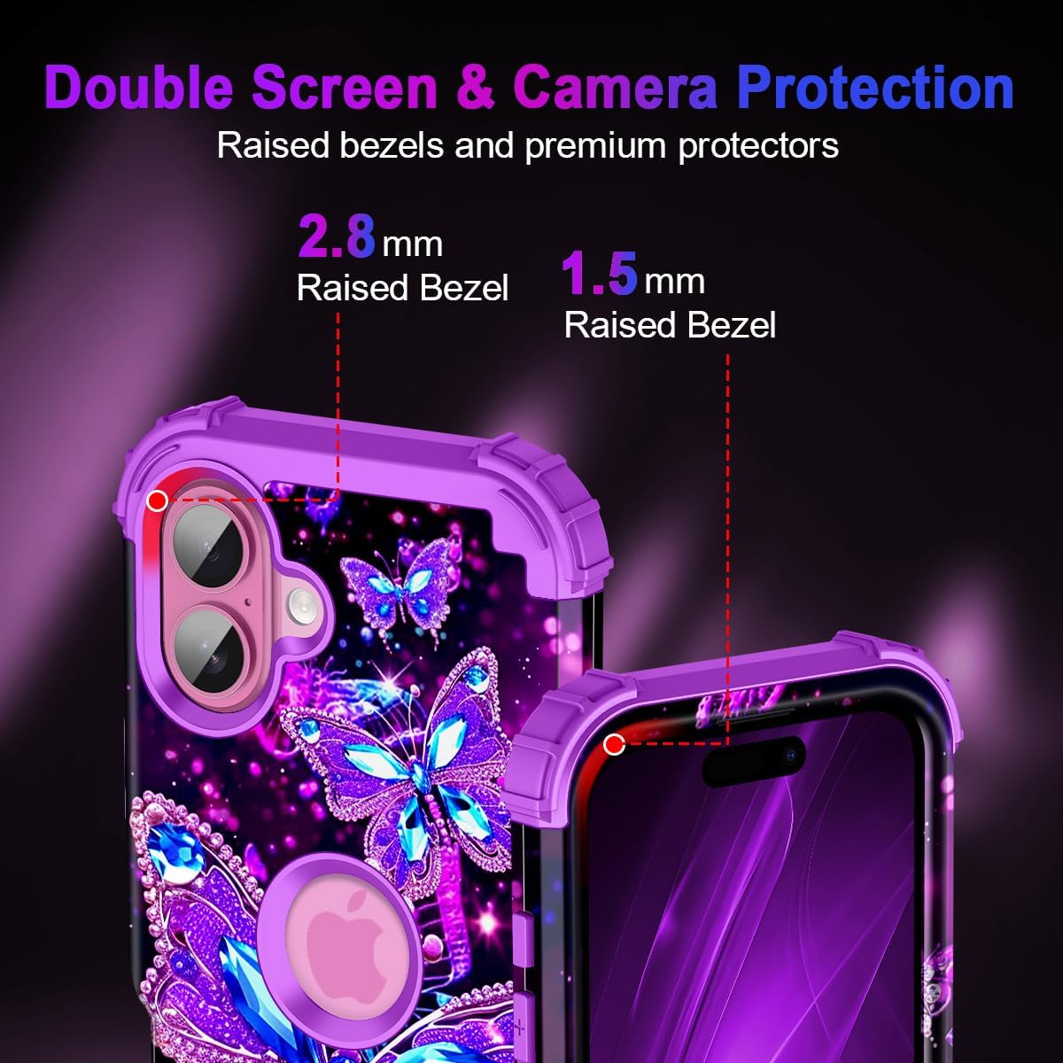 Miqala for iPhone 16 Plus Case,Glow in The Dark Three Layer Heavy Duty Shockproof Protection Hard Plastic Bumper+Soft Silicone Case for Apple iPhone 16 Plus,Dark Butterfly - Image 6