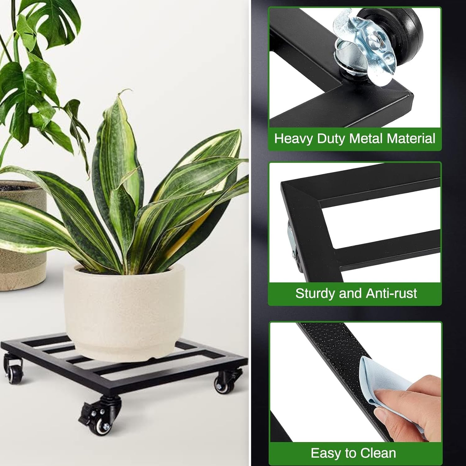 Ompinda Metal Plant Caddy with Wheels,9 Inch Heavy Duty Square Plant Roller Powder Coated Steel with 360° Lockable Metal Caster Wheels for Plants Indoor/Outdoor - Image 3