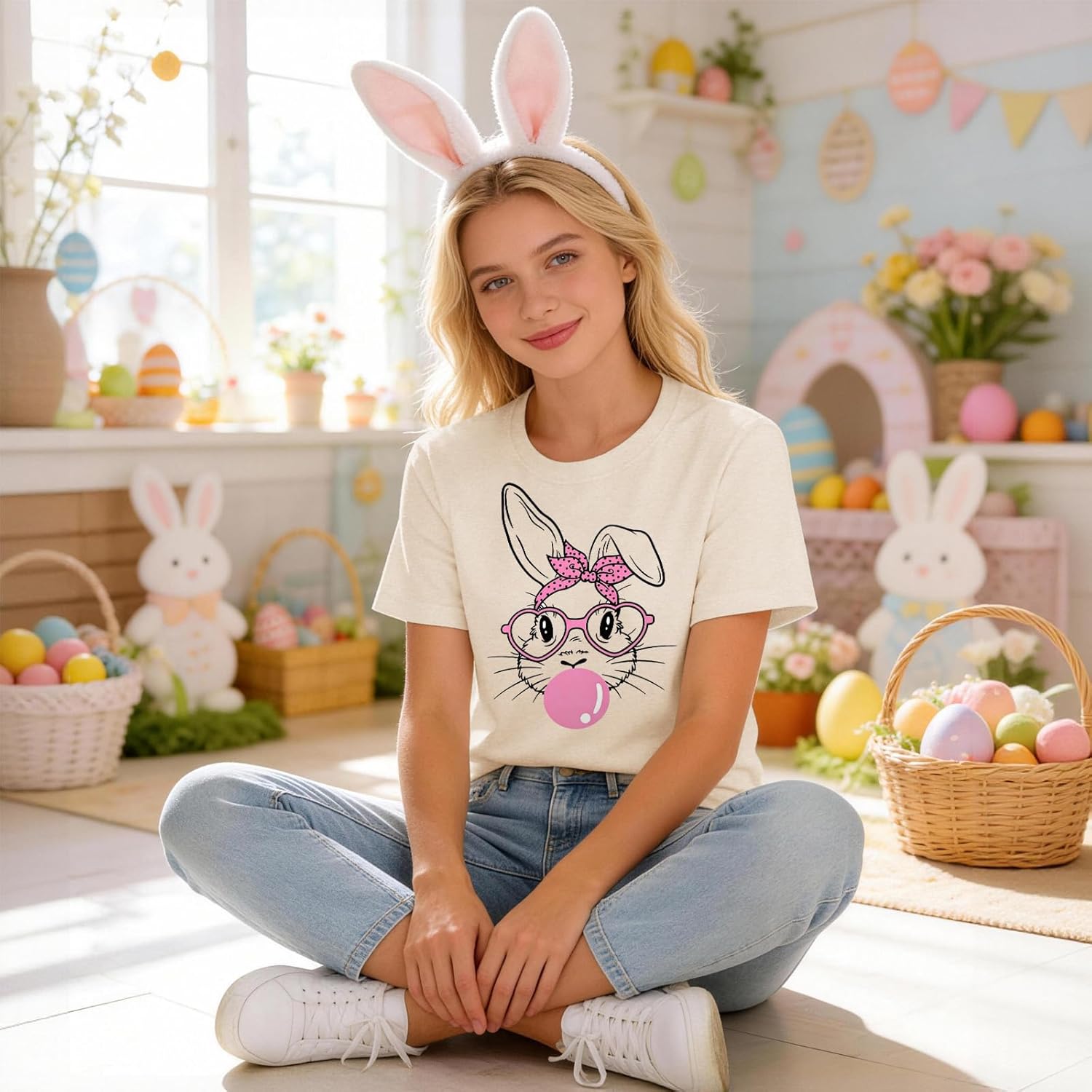 Easter Bunny Shirt for Women - Cute Graphic Tee with Bunny Easter Eggs, Funny Casual T-Shirt for Spring Tops - Image 3