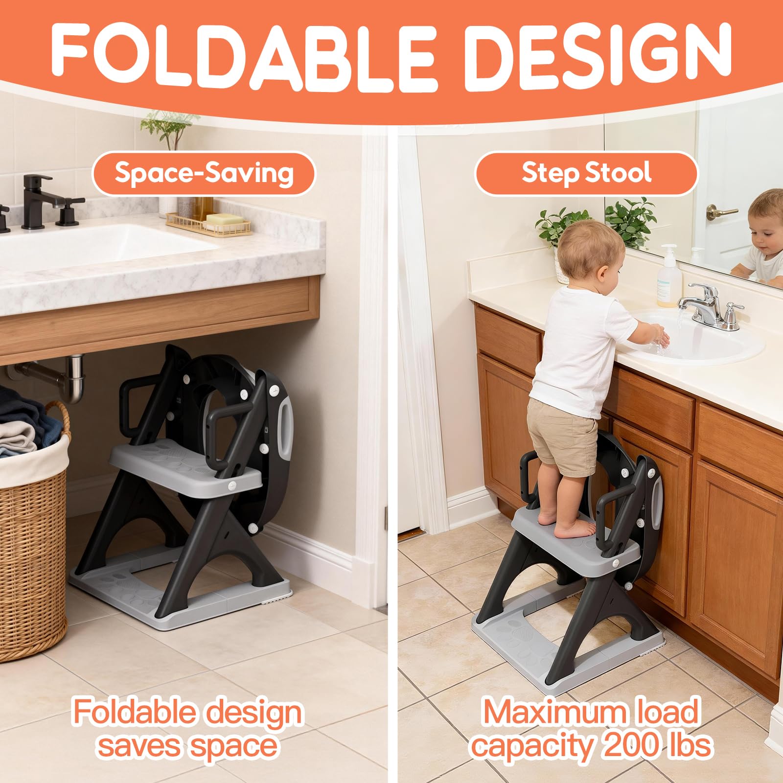 SKYROKU Asiento de inodoro de entrenamiento para ir al baño con taburete y pasamanos de seguridad, asiento de inodoro ajustable y antideslizante para niños y niñas, se adapta a inodoros estándar y
