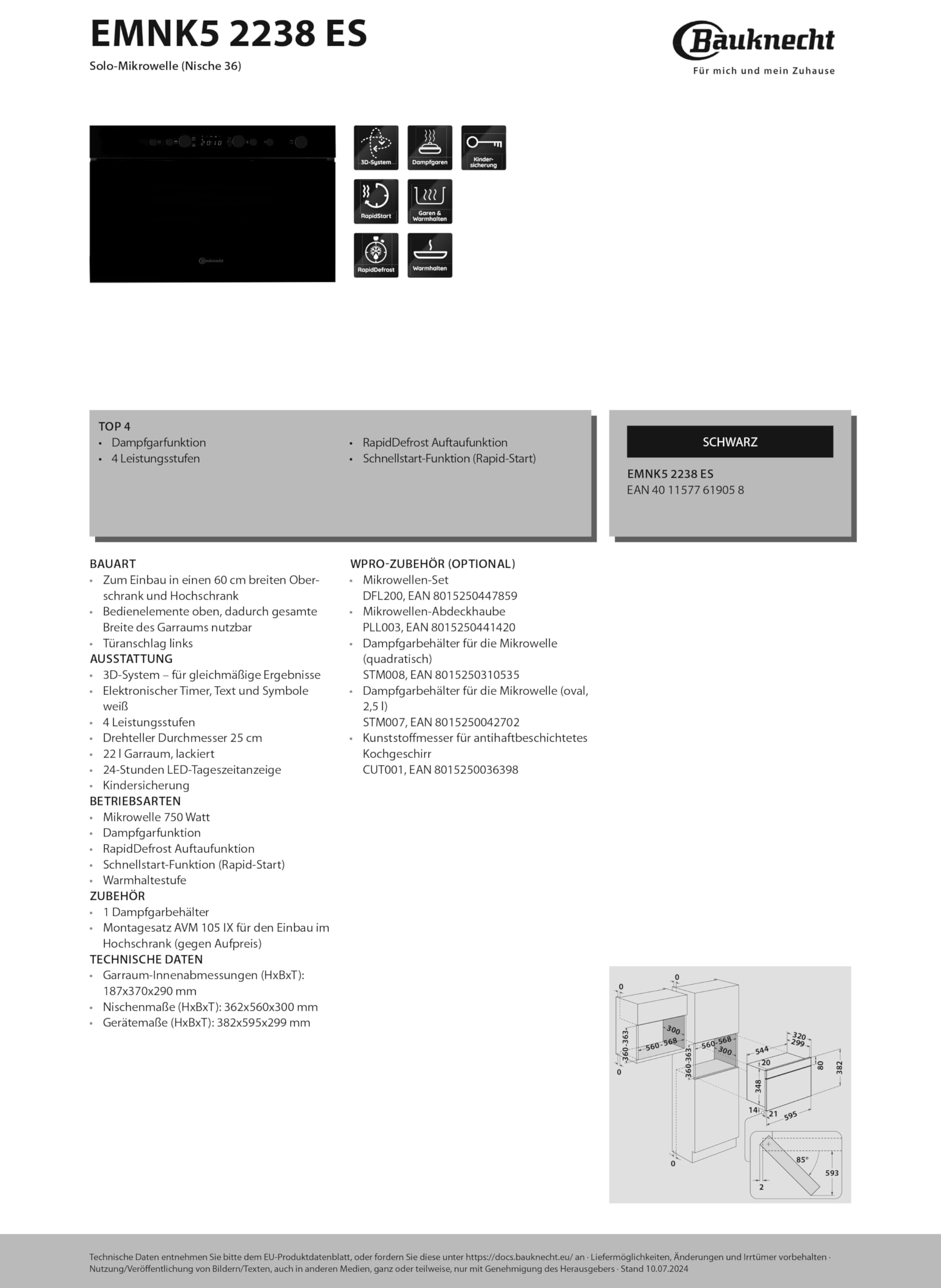 Bauknecht EMNK5 2238 ES Einbau-Mikrowellengerät/Dampfgarfunktion/ 4 Leistungsstufen/Rapid-Defrost Auftaufunktion/ 3D-System/Schnellstart-Funktion (Rapid-Start), Schwarz