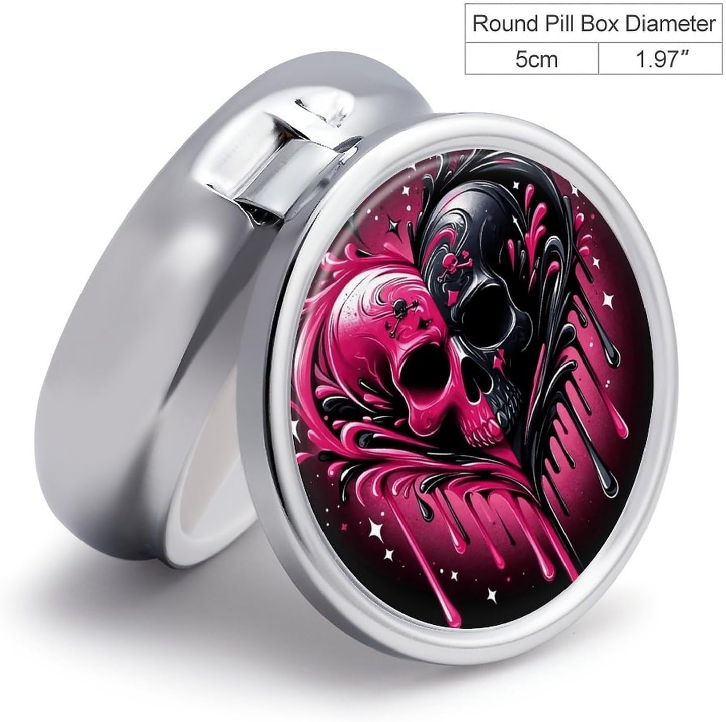 Heart Skull Round Pill Box with 3 Compartments & Mirror image 2