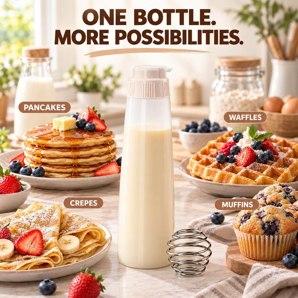 Pancake Batter Dispenser with Whisk Ball, 500 mL Bottle