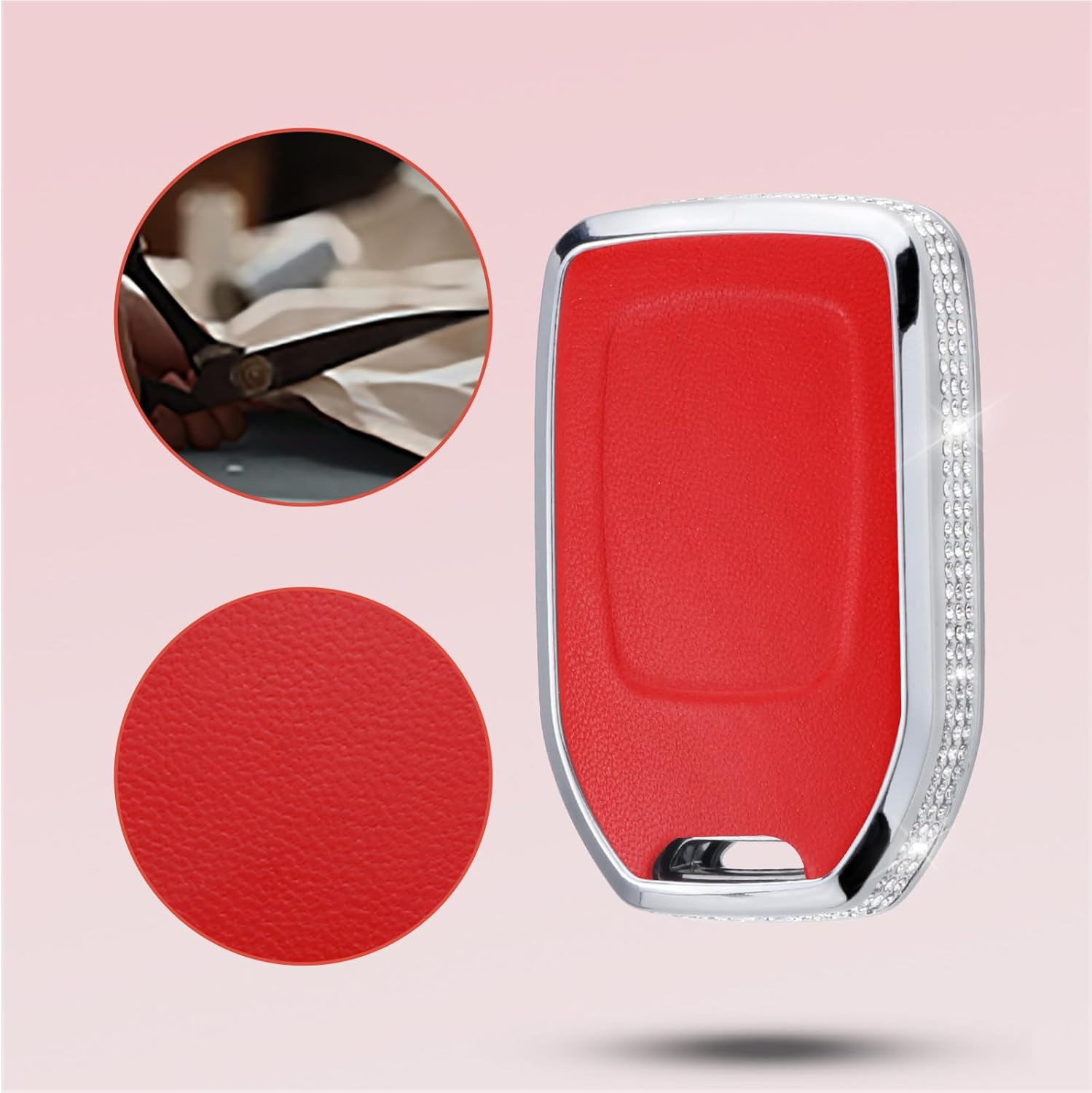 Key Fob Cover Compatible with Chevy Chevrolet Suburban Tahoe GMC Terrain Yukon Yukon XL Smart 5 Buttons Leather Crystal Key Fob Case Protection Shell Accessories (Red)