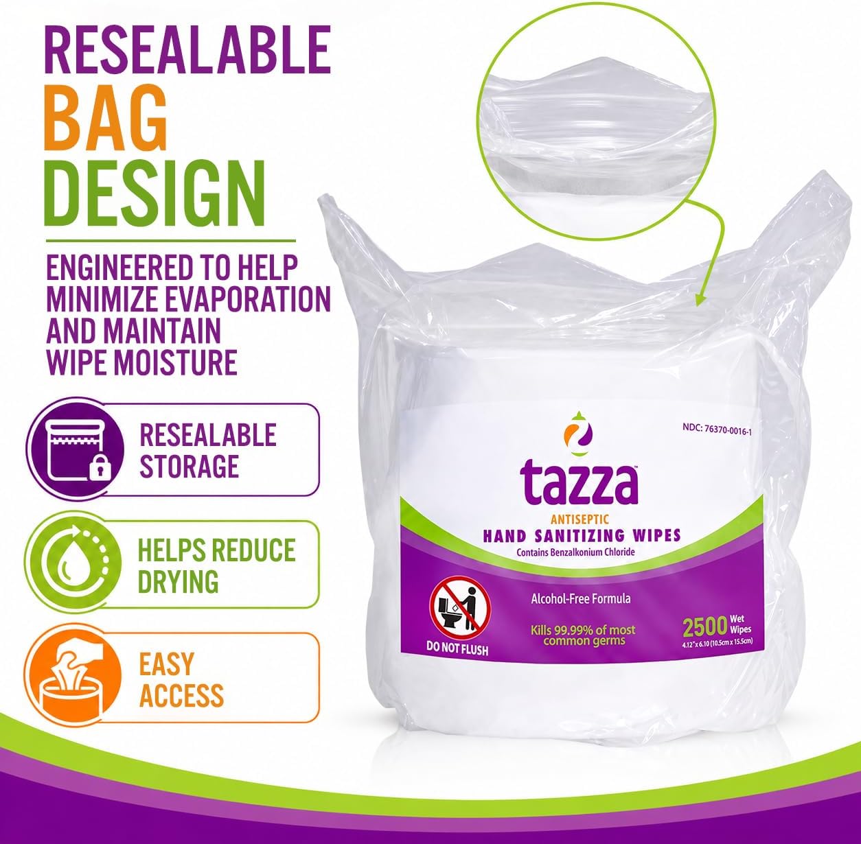 Tazza Wet Wipes, Multi-Surface Cleaning, Alcohol-Free, 2,500 Count, 4-Pack