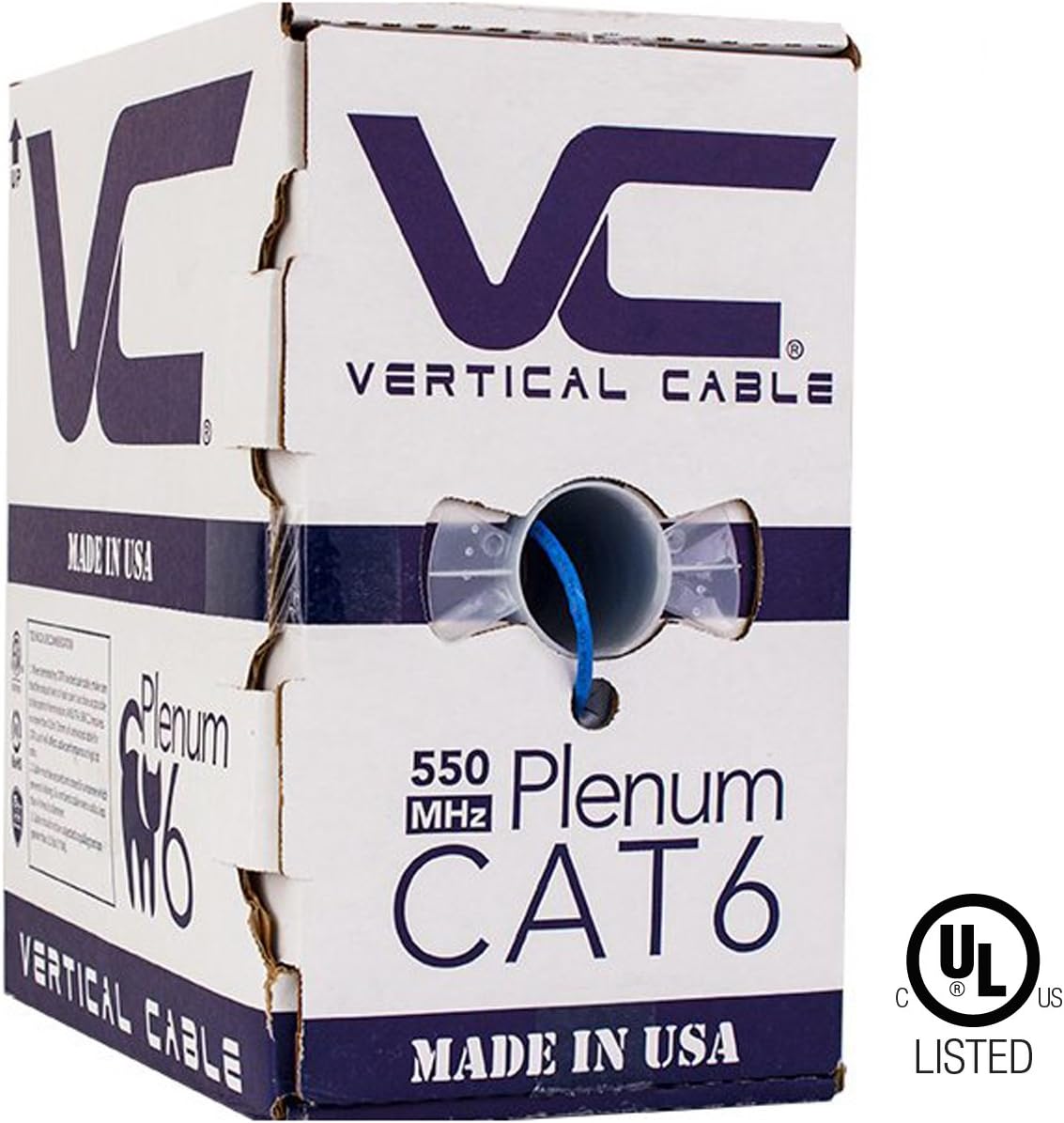 Vertical Cable CAT6, 550 MHz, UTP, 23AWG, 8C Solid Bare Copper, Plenum, 1000ft, Blue, Bulk Ethernet Cable, Made in USA, UL Listed