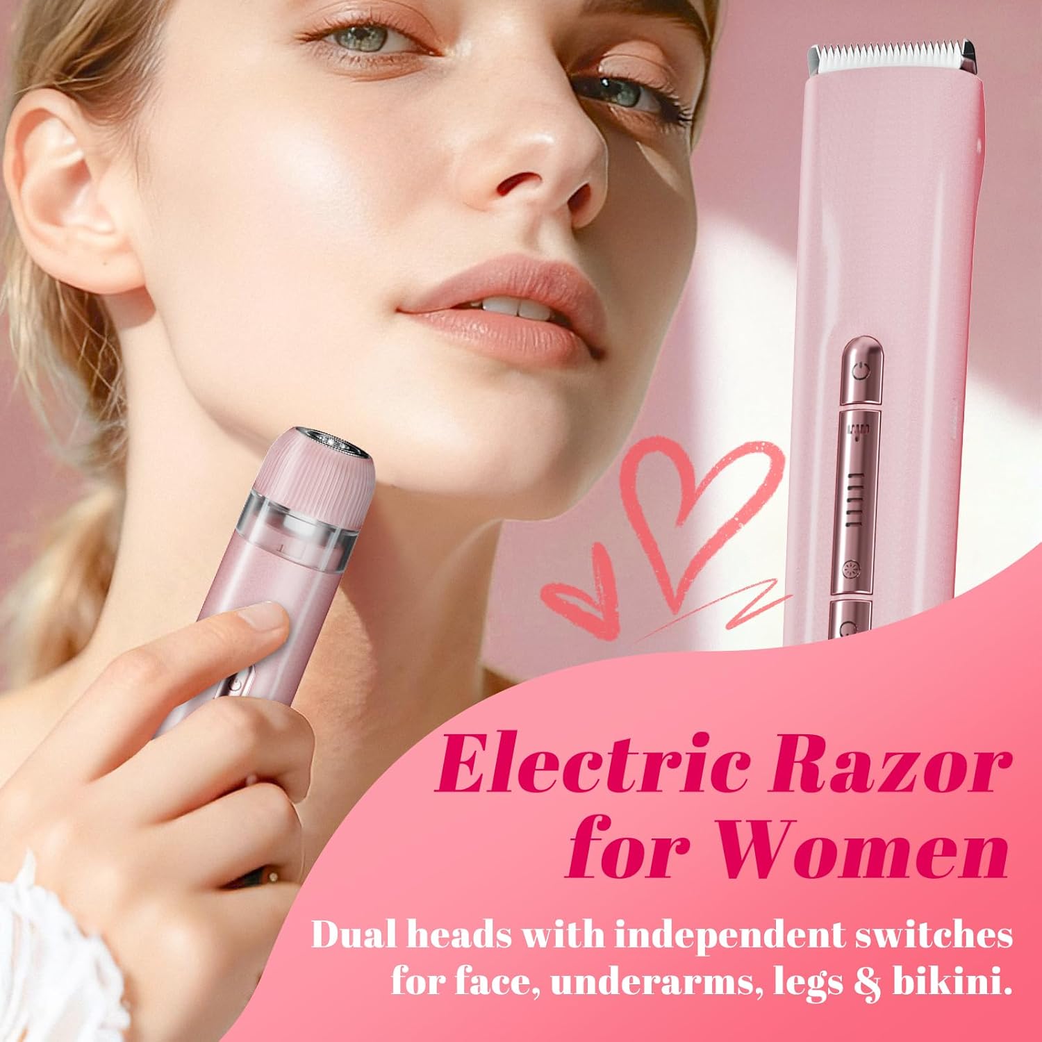2-in-1 Bikini Trimmer for Women – Dual-Head Electric Razor, IPX7 Waterproof Wet & Dry, Pubic Hair Trimmer & Body Shaver, LED Battery Bars, USB-C Rechargeable – X6 Satin Rose Gold