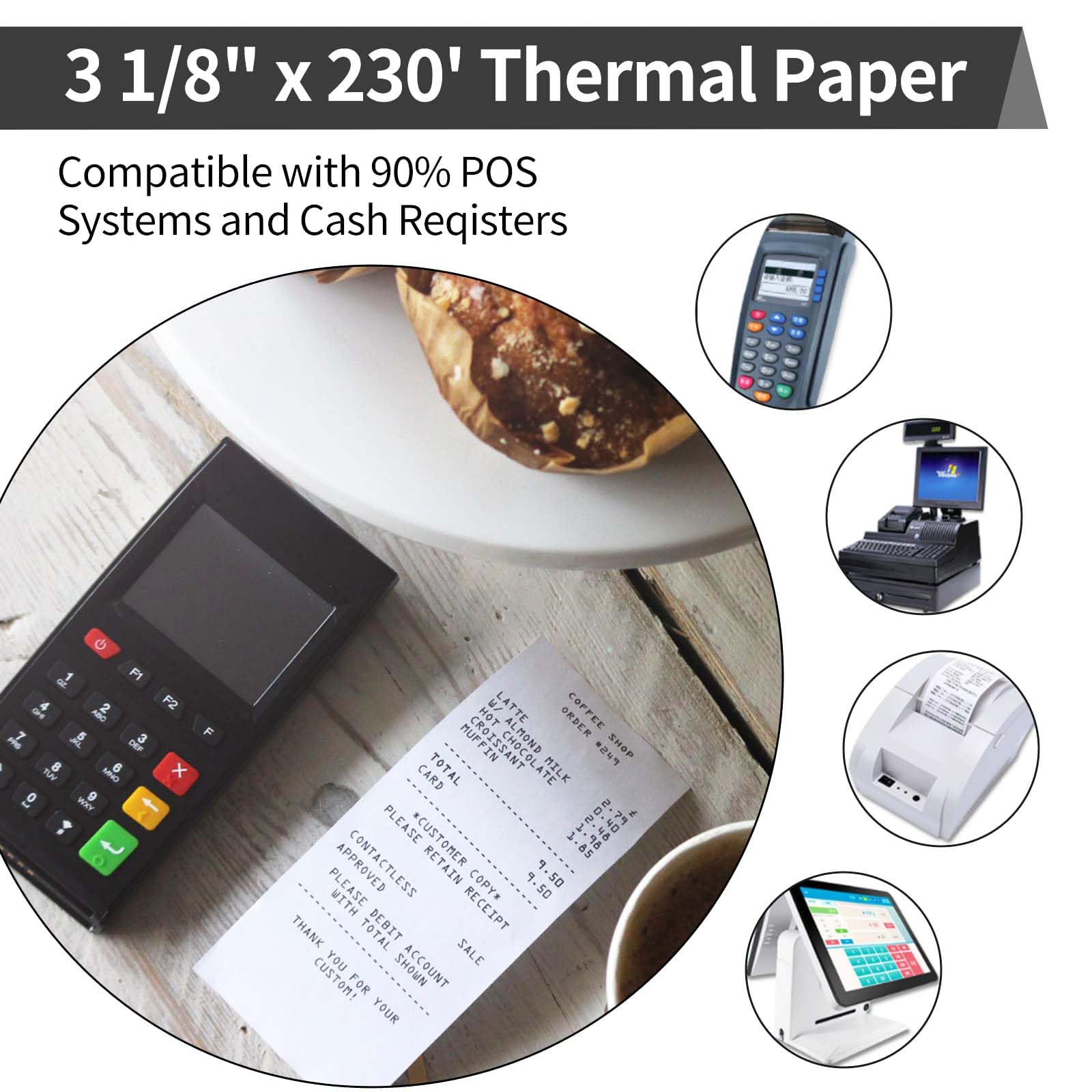 Rollos de papel térmico para recibos, papel térmico de 3-1/8 x 230 pies, rollos de papel para caja registradora POS, (5 rollos)