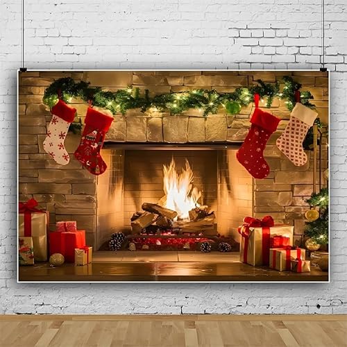 Miniatura 3 de Fondo de chimenea de Navidad de 7 x 5 pies, estufa de pared de ladrillo de leña de invierno, medias de Navidad, regalo de celebración, fotografía,