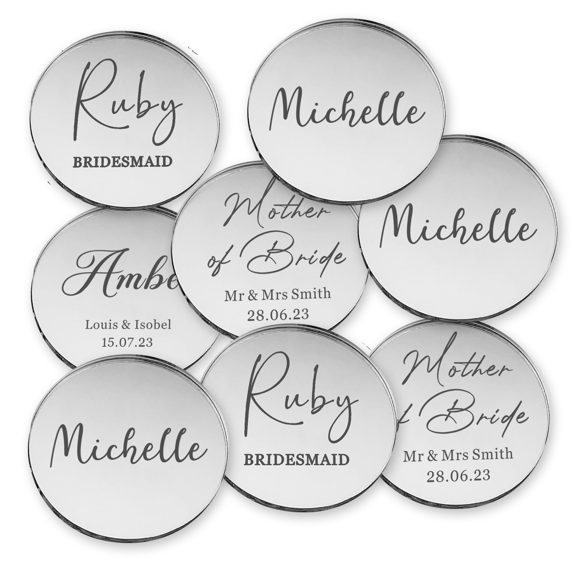 Personalised Wedding Party Place Names 8 Pcs Mirror Acrylic Wedding Table Decor Place Card Custom Name Plaque Name Sign for Wedding Dinner Parties Guest Name Food Signs(Silver)