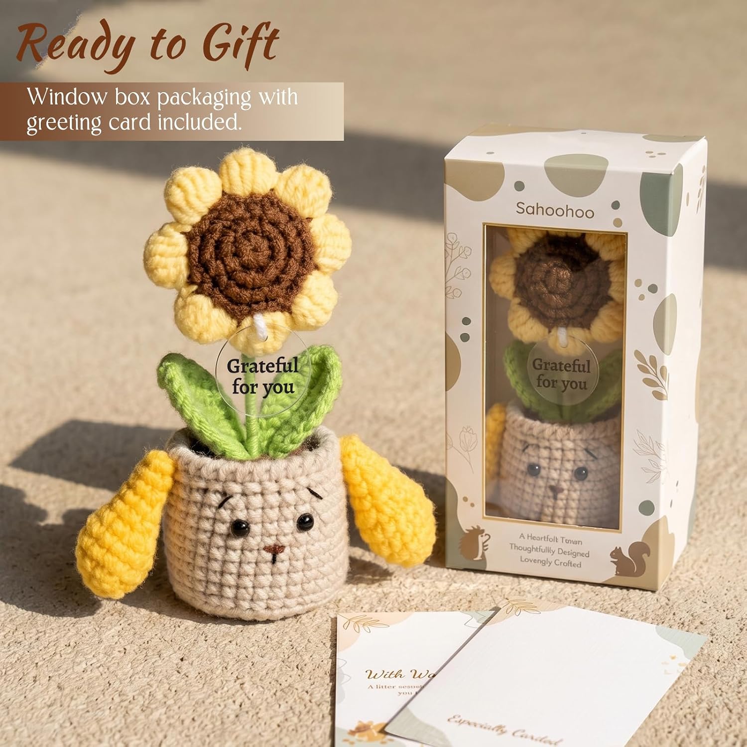 Grateful for You Handmade Positive Crochet Sunflower Dog Plant, Thank You Gifts for Women Men, Appreciation Gifts for Teacher, Coworker, Boss, Friend, Cute Desk Decor, Gift Box with Card image 3