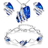 Leafael Wish Stone Necklace, Stud Earrings and Bracelet Jewelry Set for Women, September Birthstone Sapphire Blue Crystal Jewelry, Silver Tone Gifts for Women