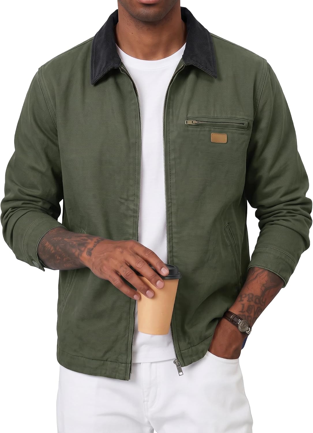 JMIERR Mens Cotton Canvas Quilted Lined Ribbed Collar Work Jacket
