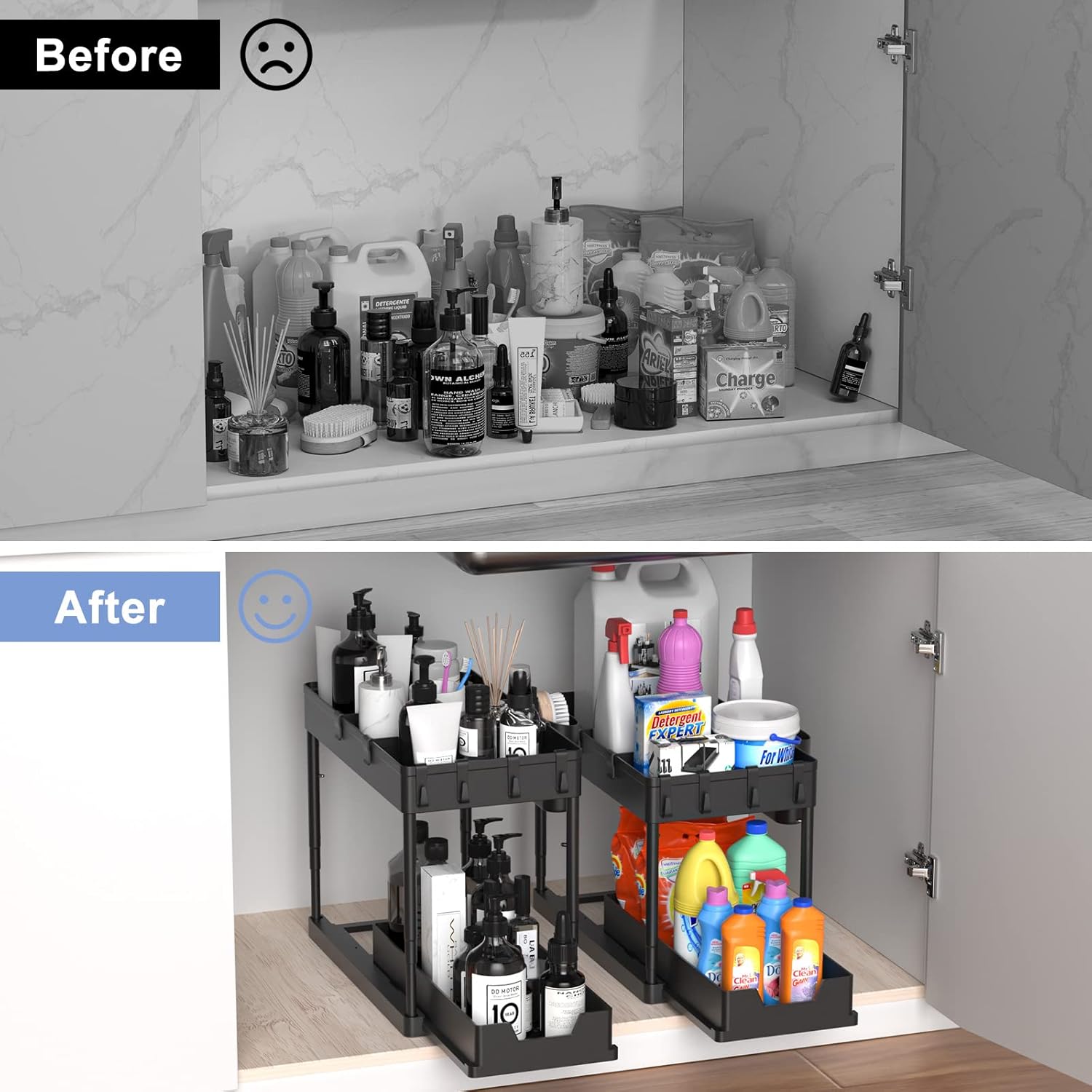 Under Sink Organizers and Storage, 2 Tier Black Bathroom Cabinet Organizer with 4-Height Adjustable Telescopic Tube,4 Removable Dividers,4 Hooks,1 Cup, Kitchen Under Sink Organizer,1 Pack