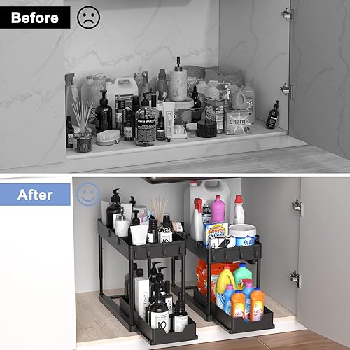 Miniatura 7 de Organizadores y almacenamiento para debajo del fregadero, organizador de gabinete de baño negro de 2 niveles con tubo telescópico ajustable de 4