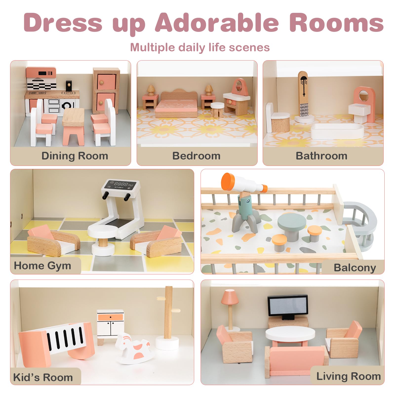 HOMASIS Casa delle Bambole in Legno per Bambini su 3 Livelli, Doll House con 42 Mobili e Accessori con 7 Stanze, Bella Casa da Sogno Principessa per Bambole, per Bambini 3+ Anni (Rosa)