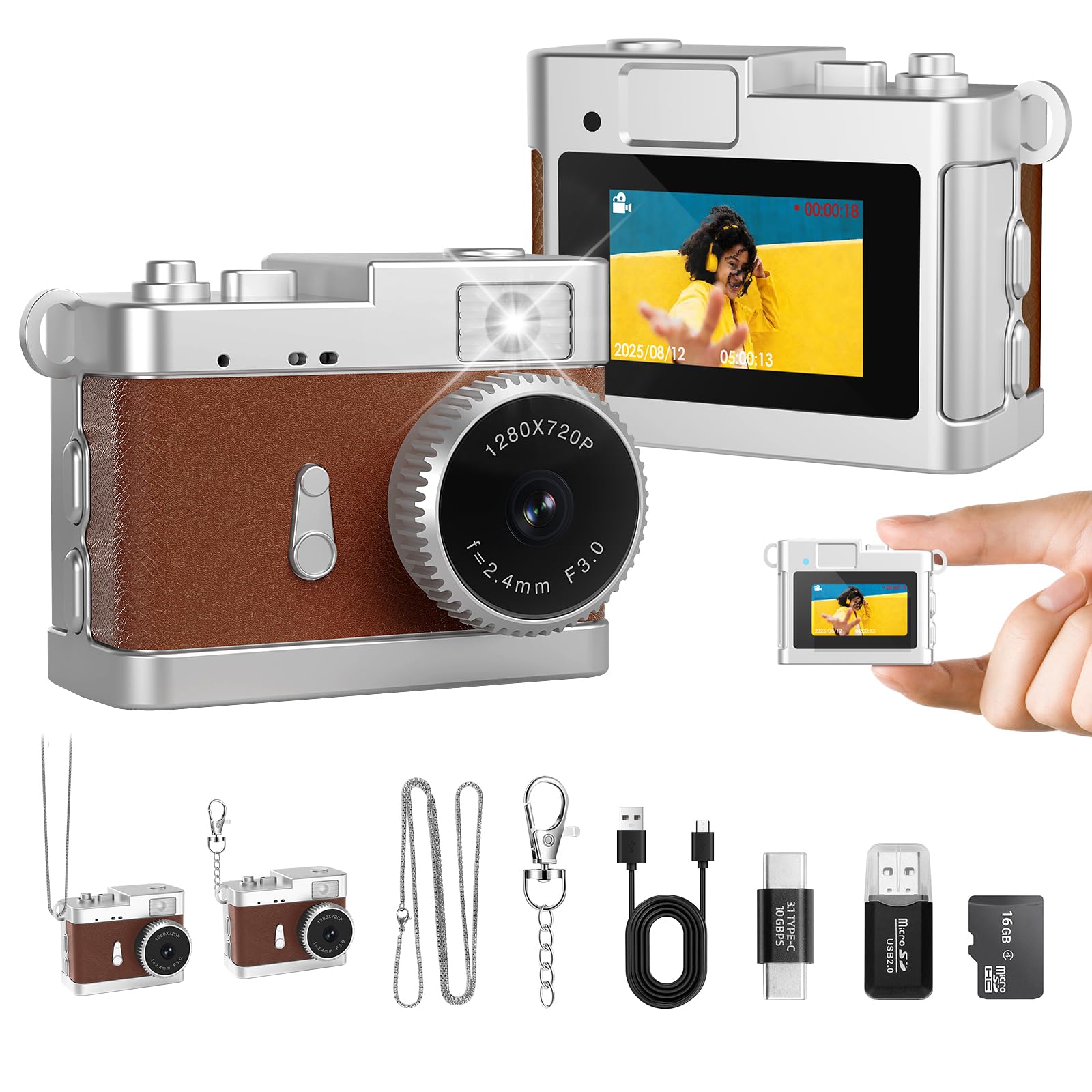 Keychain Camera, 16GB Mini Digital Camera with Built-in Flash & Retro Filters, Pocket Mini Camera for Travel, Vlogging, Birthday Gift for Friends Brown