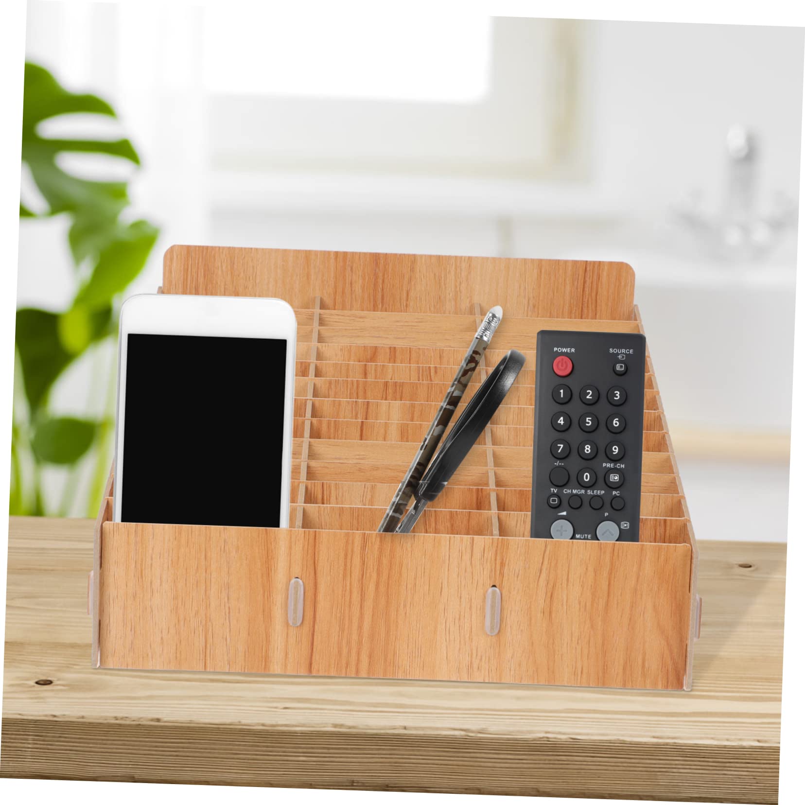 Cabilock Caja de Almacenamiento de Madera Diseño Simple y Funcional para Teléfonos Móviles Compartimentos Múltiples Organizador de Escritorio para Oficina y Escuela