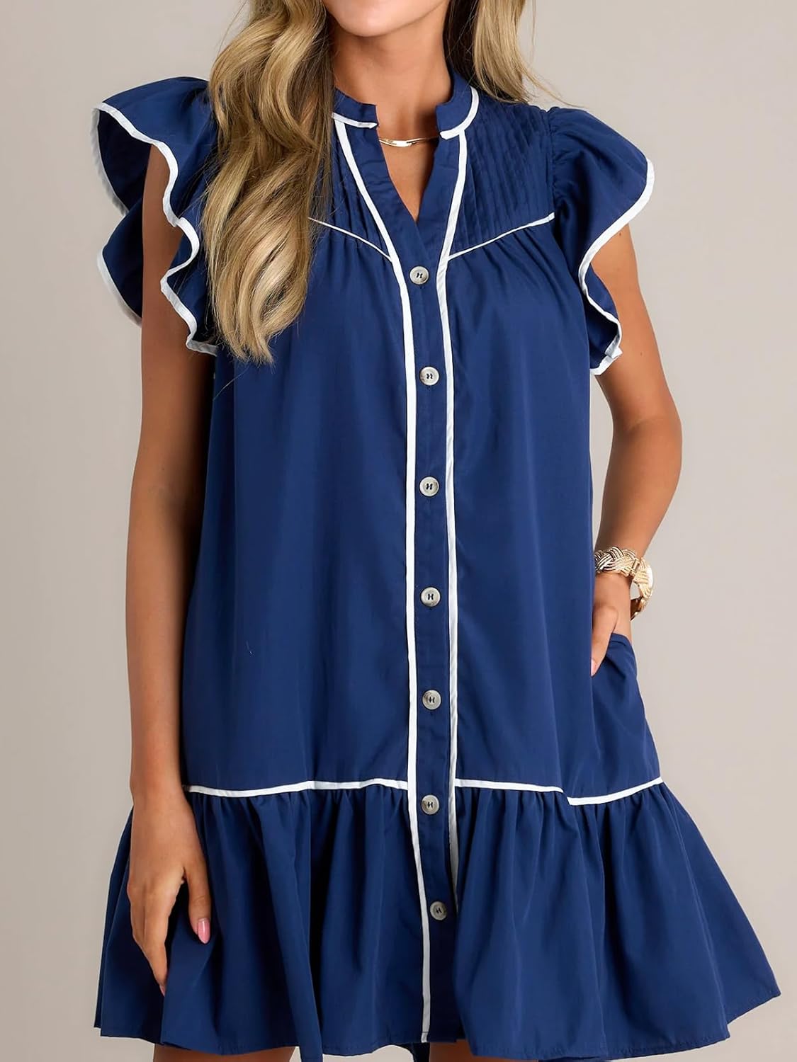 HOULENGS Women's Summer Ruffle Cap Sleeve Flowy Short Dresses Button Down V Neck A Line Babydoll Mini Dress with Pockets - Image 4