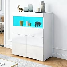 Sideboard Cabinet, High Gloss Storage Cabinet Unit with 2 Doors 1 Drawer and Shelf for Living Room with LED Light Storage Cupboard for Dining Living Room Hallway, 80x35x90cm White