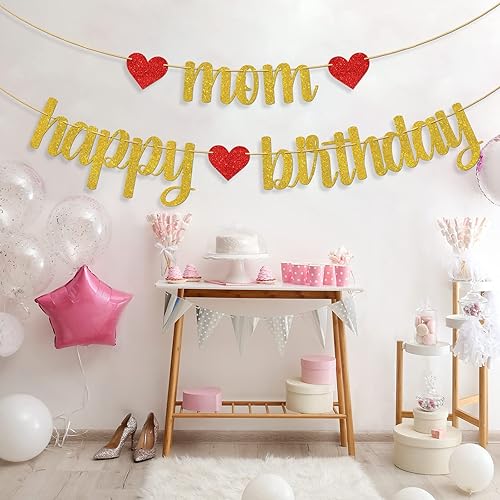 Miniatura 6 de Cartel de feliz cumpleaños con texto en inglés "Mom Happy Birthday", decoraciones para fiesta de cumpleaños de las mujeres, suministros de fiesta de