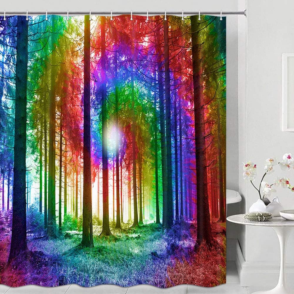 Tie Dye Shower Curtain Set with Rugs, Colorful Rainbow Nature Forest Bathroom Accessories Sets Non-Slip Mats, Bath Curtains with Bath Mats and Toilet Lid Seat Cover